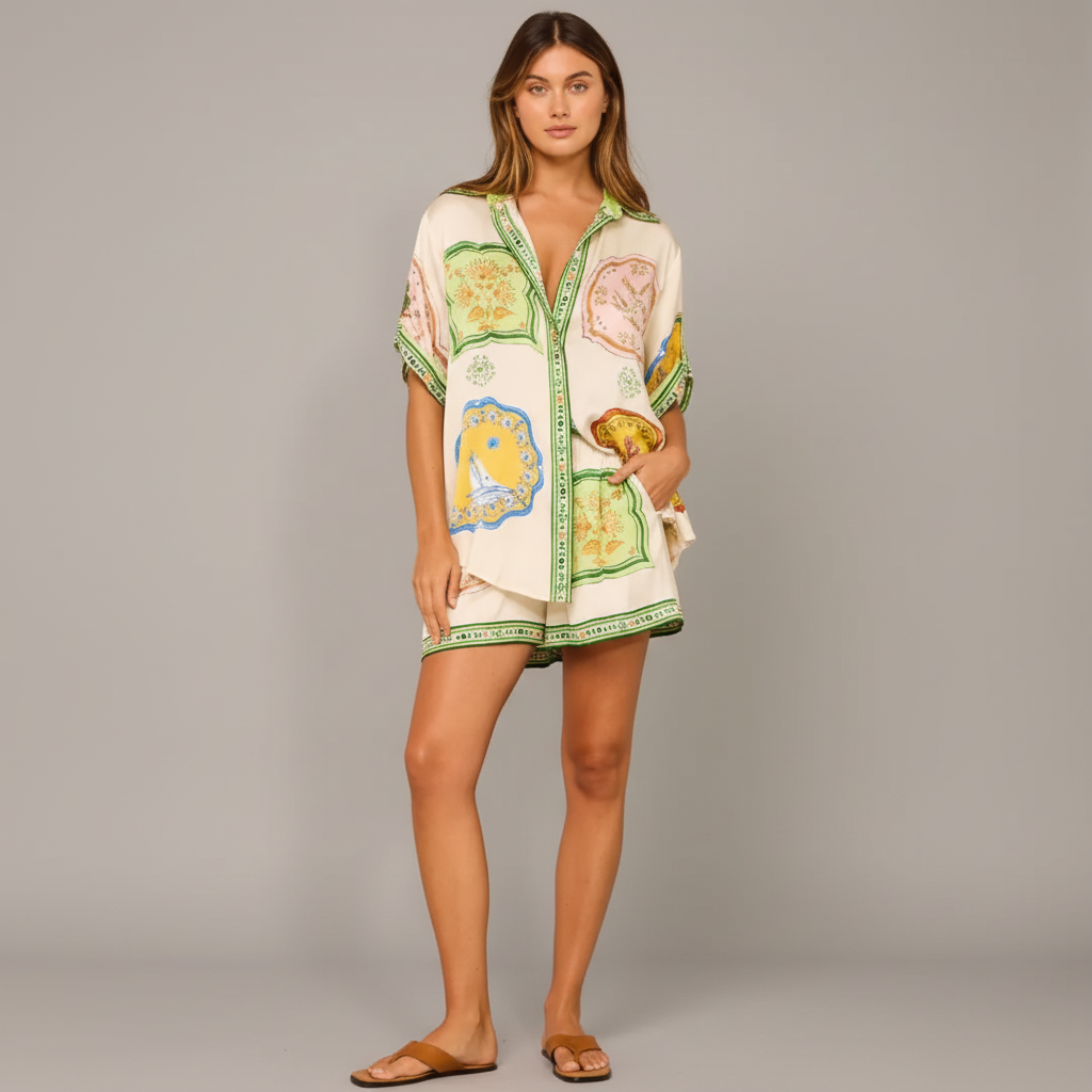 Short Sleeve Button Shirt and High-Waisted Shorts Set