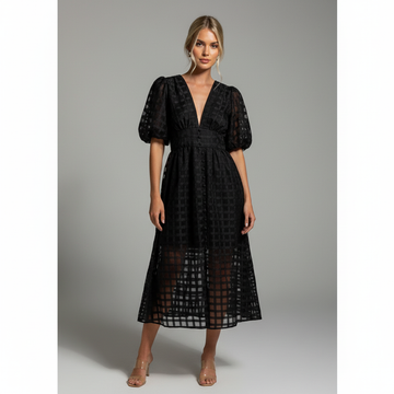 Sheer Grid Puff Sleeve Midi Dress