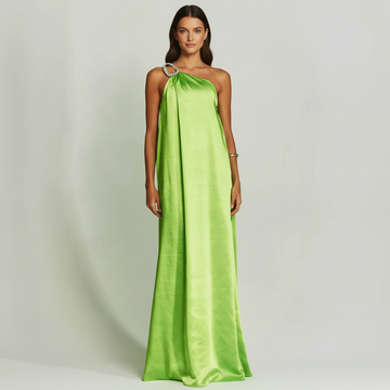 Satin One-Shoulder Metallic Maxi Dress