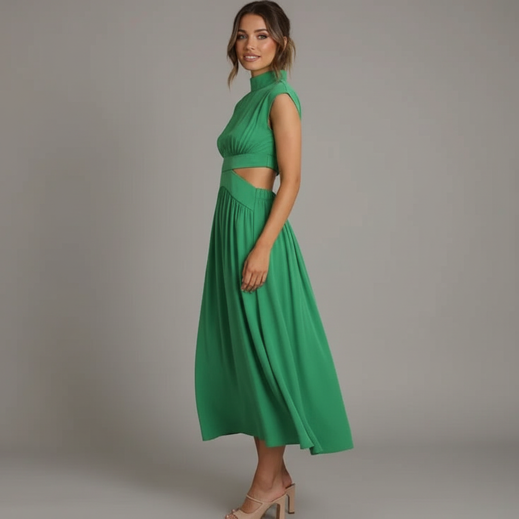 Ruched Cut-Out Pleated Midi Dress