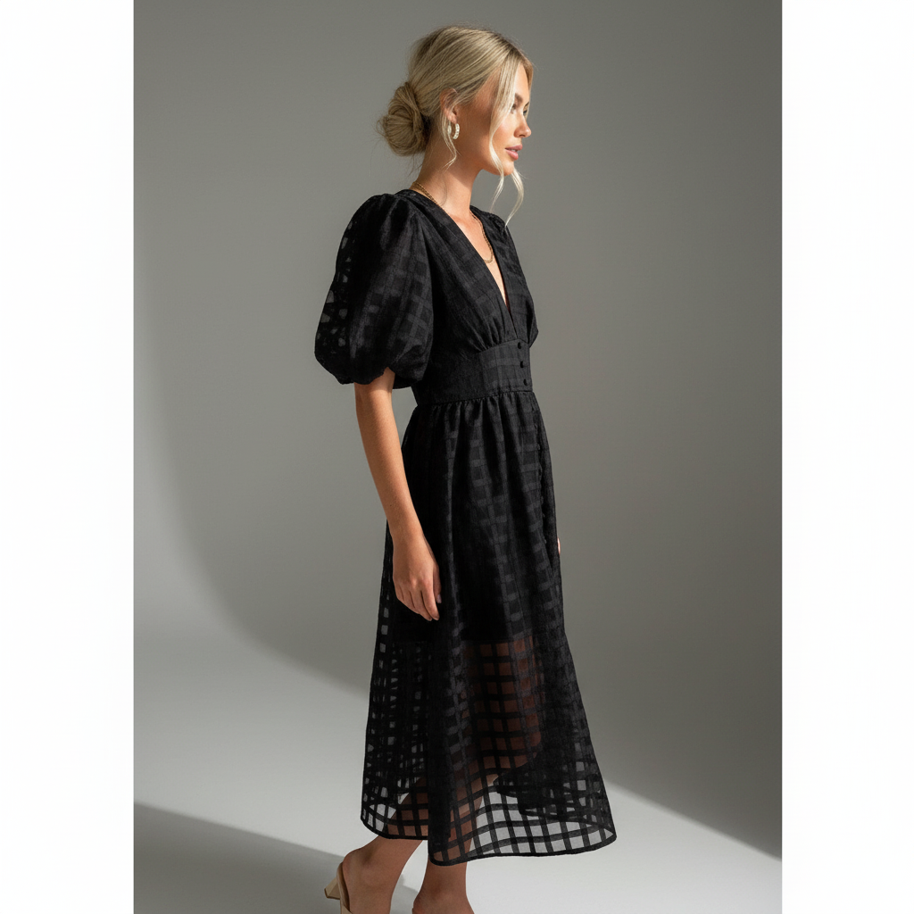 Sheer Grid Puff Sleeve Midi Dress