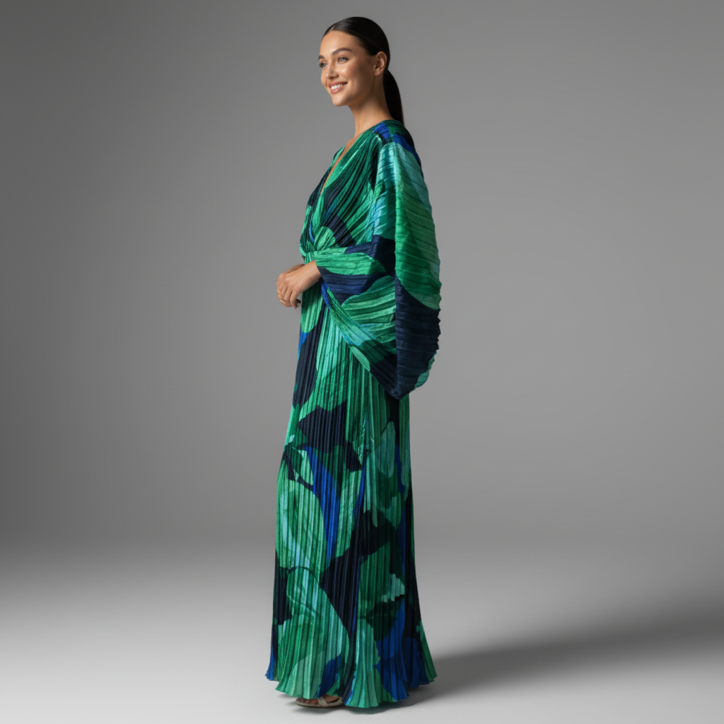 Green and Blue Pleated Kaftan Dress