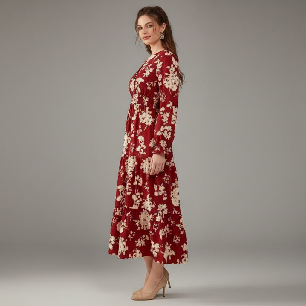 Floral Ruffle Cuff Maxi Dress