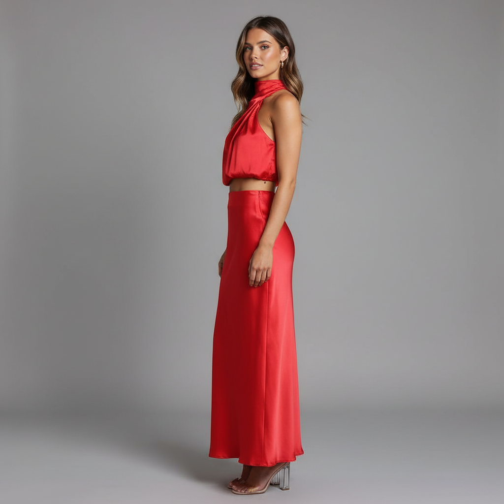 Satin Halter Crop Top and Maxi Skirt Set