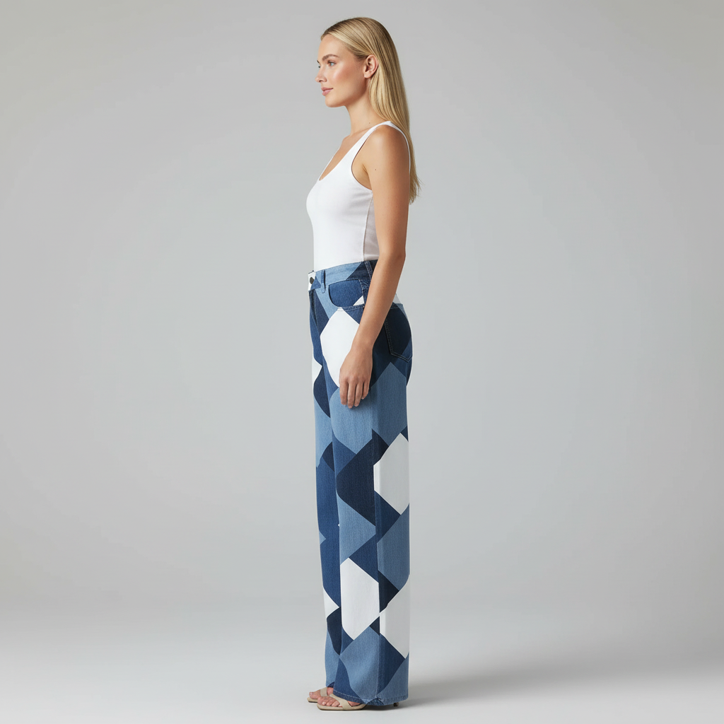 High Waist Checkered Denim Jeans