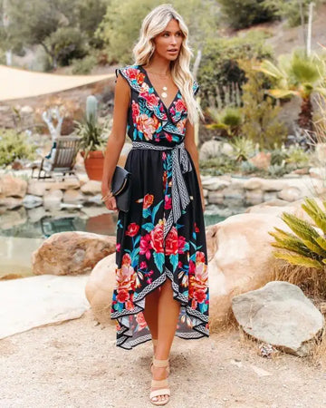 Border Trim Floral Wrap Dress