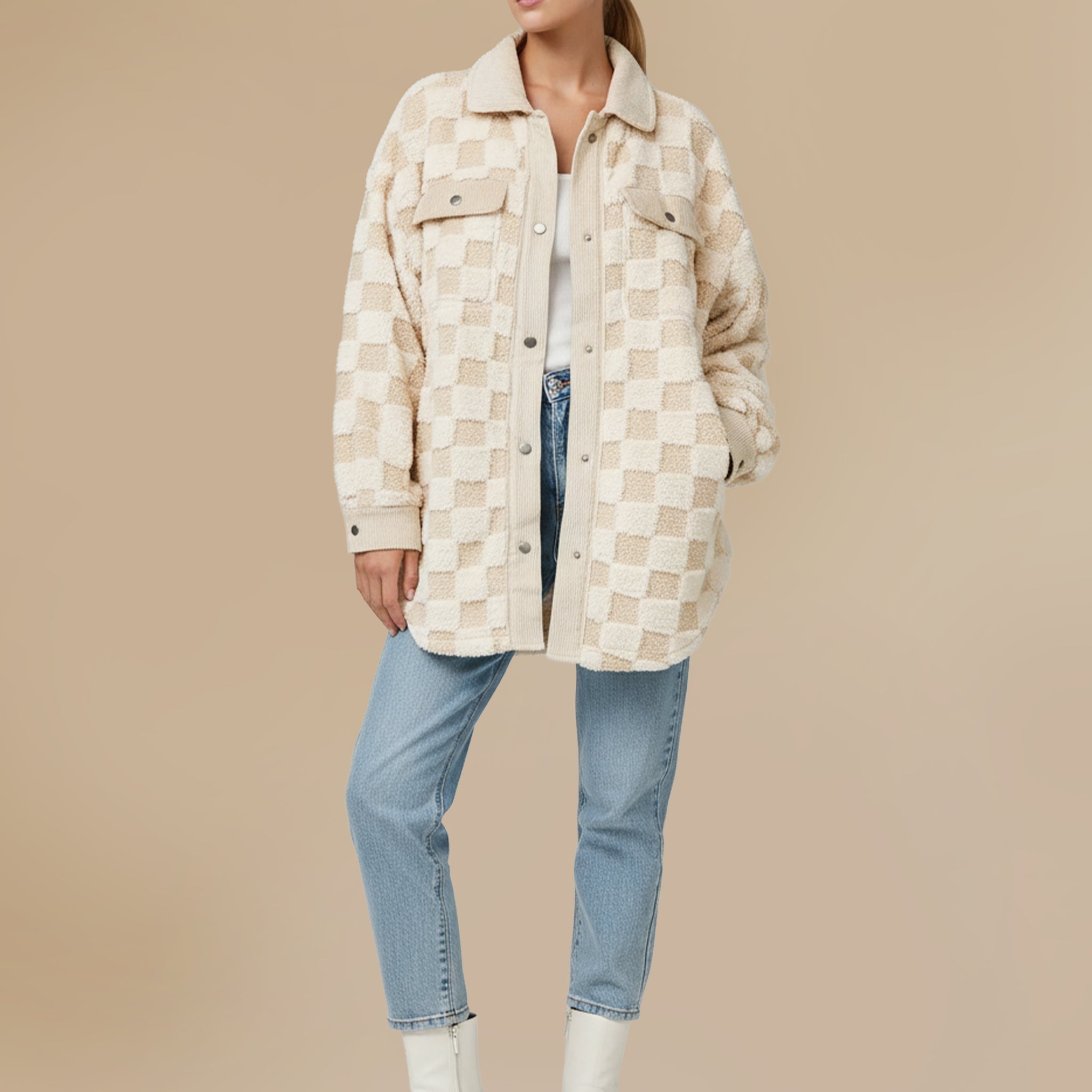 Cream Checkered Fleece Shacket