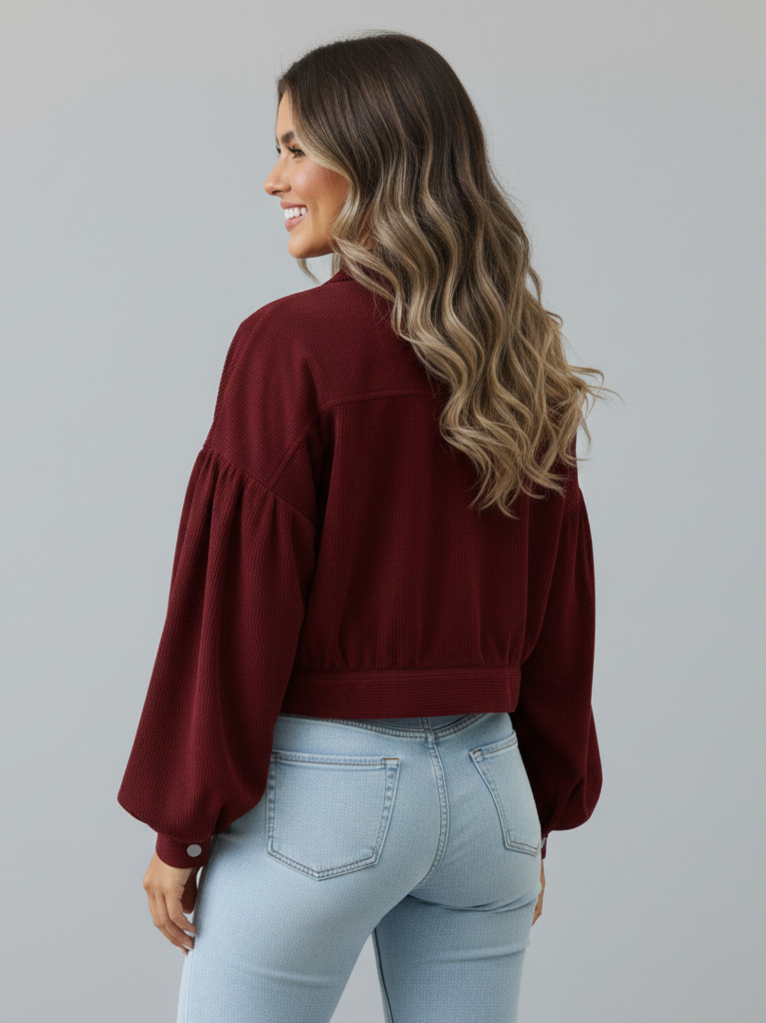 Balloon Sleeve Cropped Corduroy Jacket