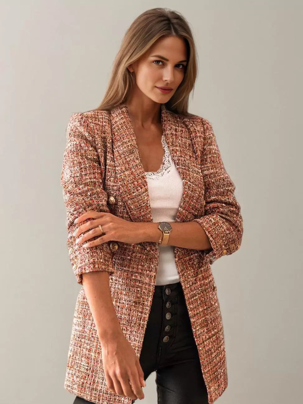 Textured Tweed Long Blazer
