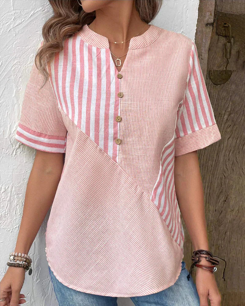 Striped Button Front Short Sleeve Blouse
