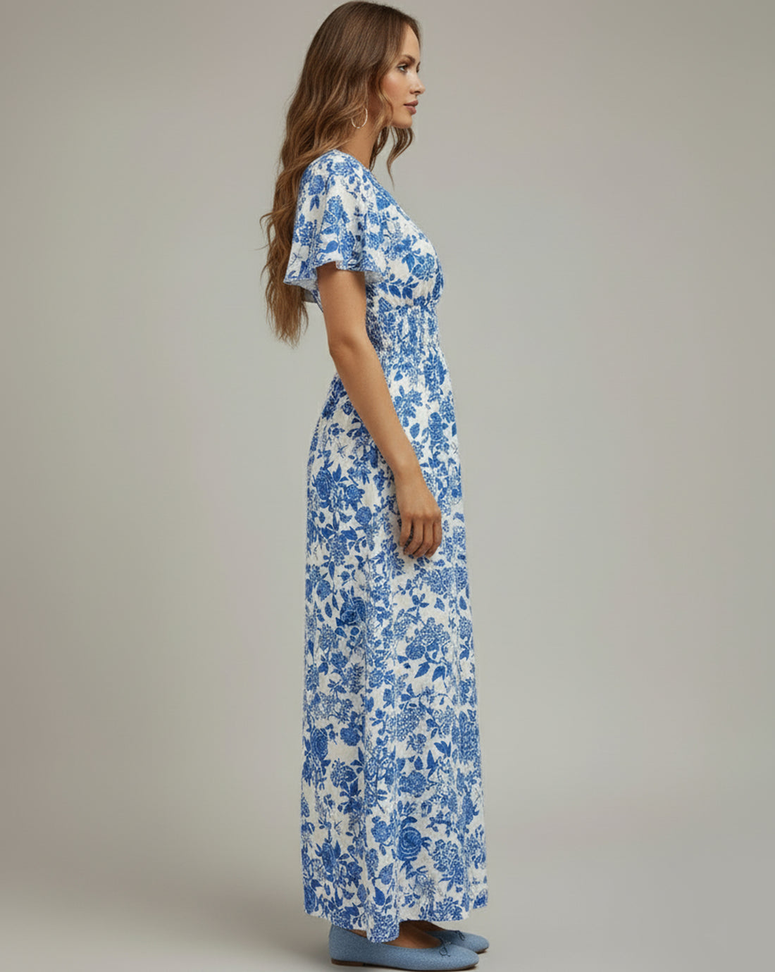 Smocked V-Neck Side-Slit Maxi Dress