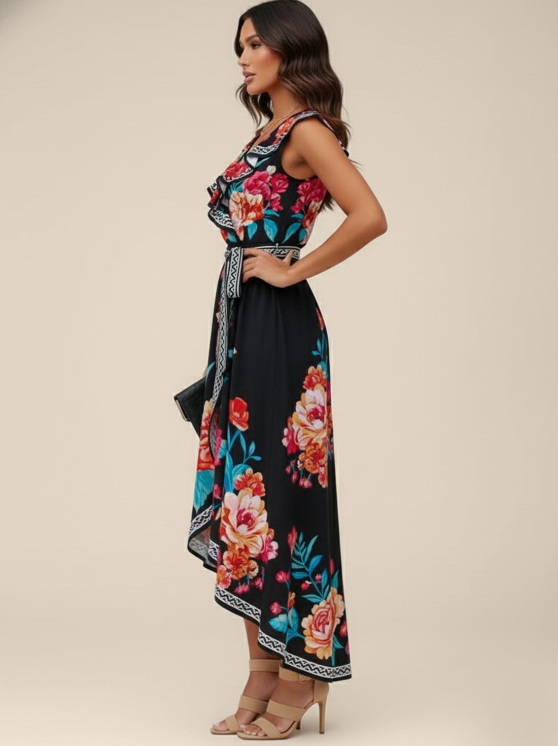 Border Trim Floral Wrap Dress