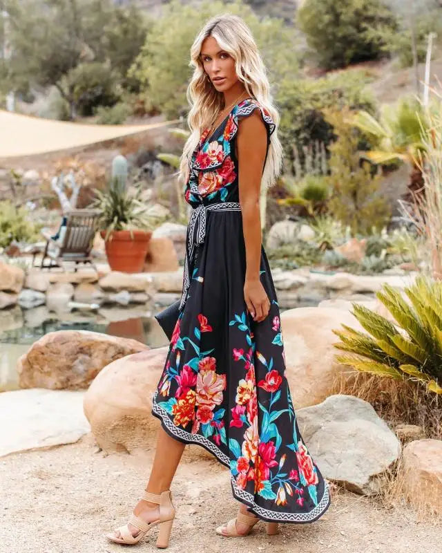 Border Trim Floral Wrap Dress