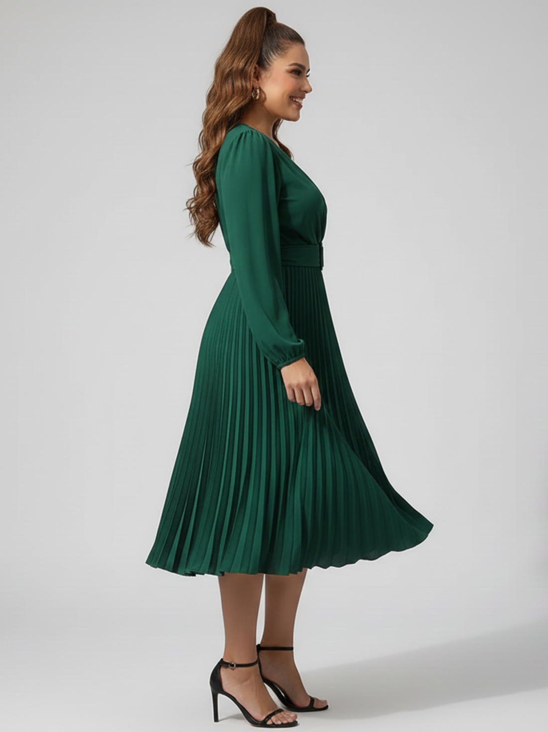 Belted Pleated Long Sleeve Midi