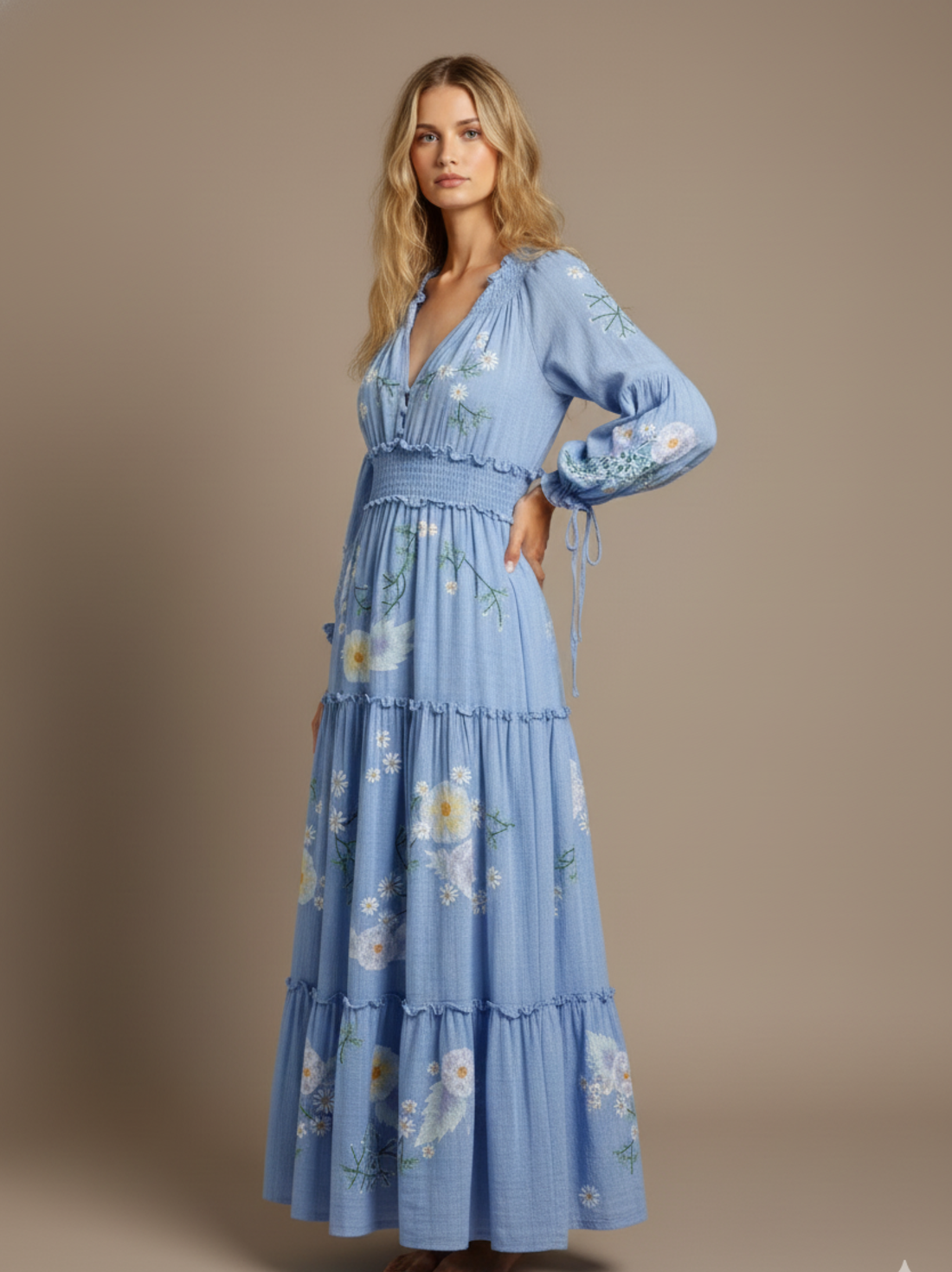 Tiered Embroidered Boho Maxi Dress