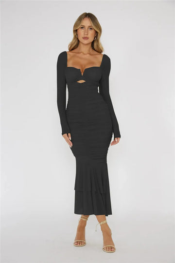 Ruched Square Neck Midi Dress