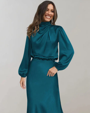 High Neck Satin Midi Dress