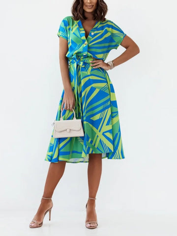 Abstract Belted Shirt Dress