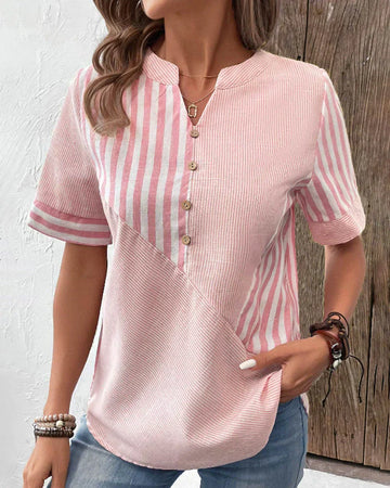 Striped Button Front Short Sleeve Blouse