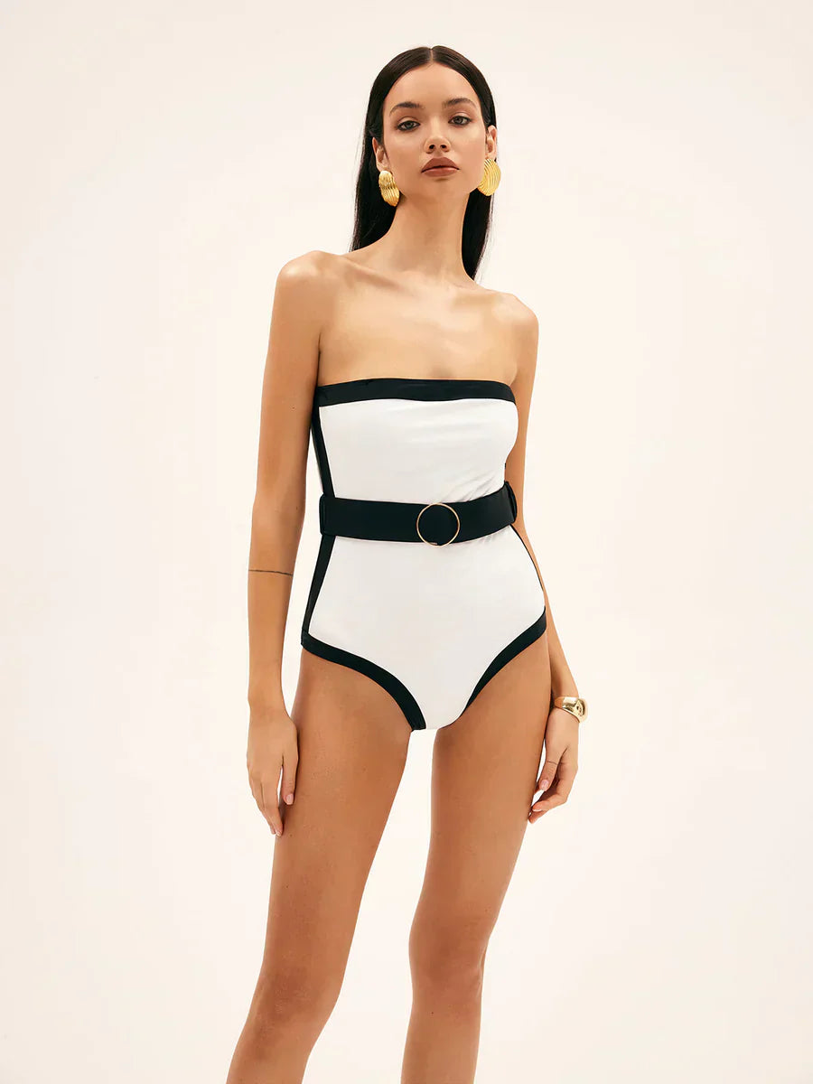 Contrast Belted Strapless Swimsuit