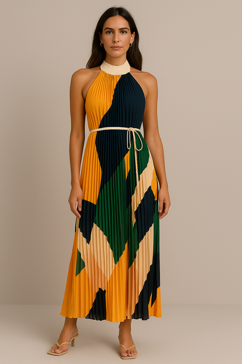 Pleated Halter Tie-Waist Maxi Dress