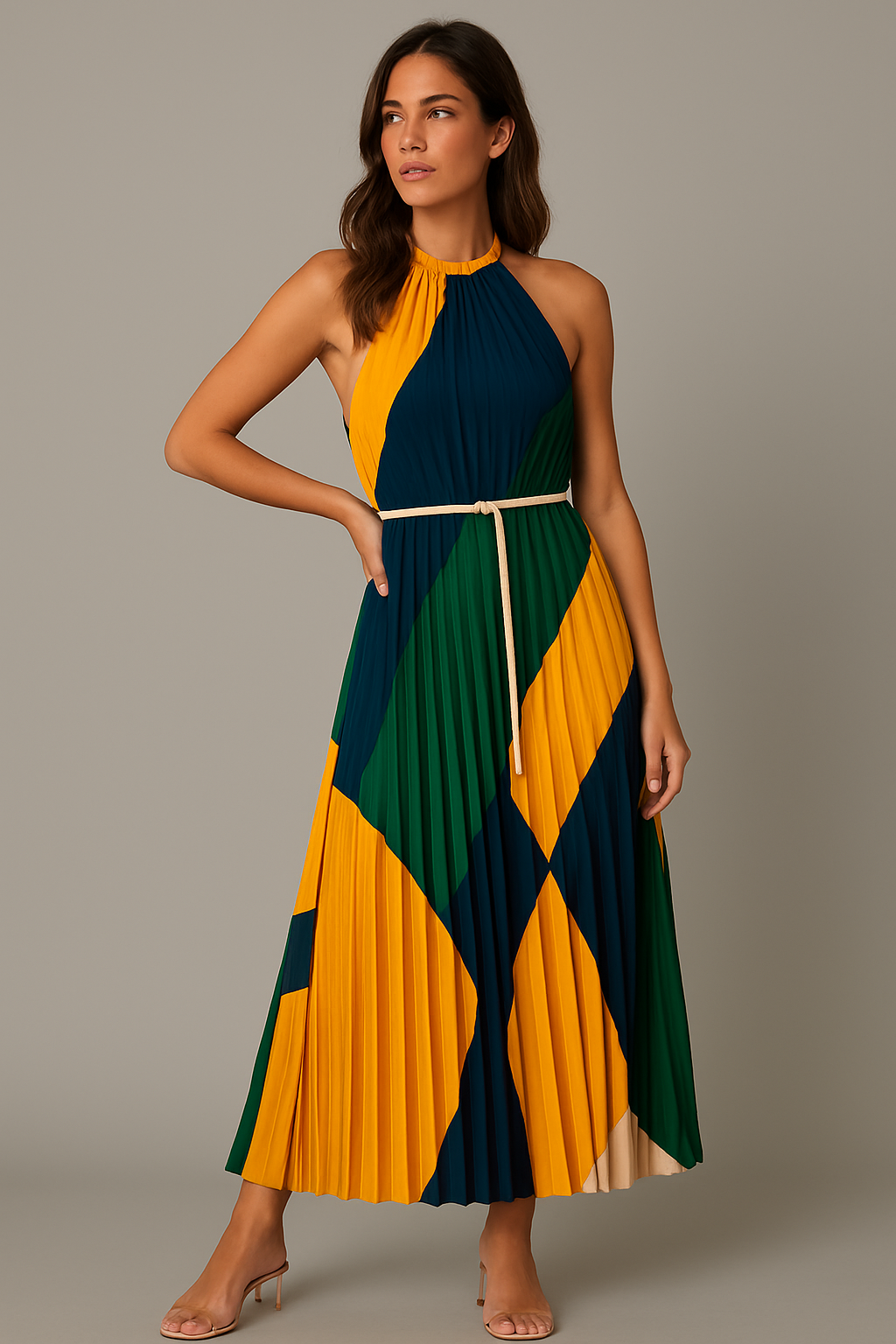Pleated Halter Tie-Waist Maxi Dress