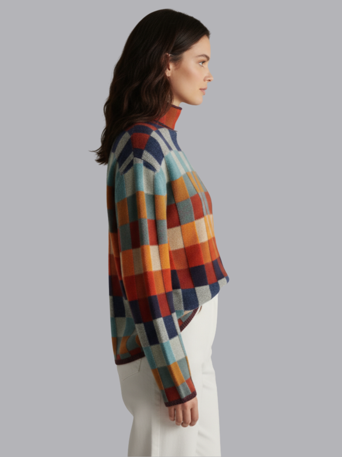 Colorblock Plaid Turtleneck Knit Sweater