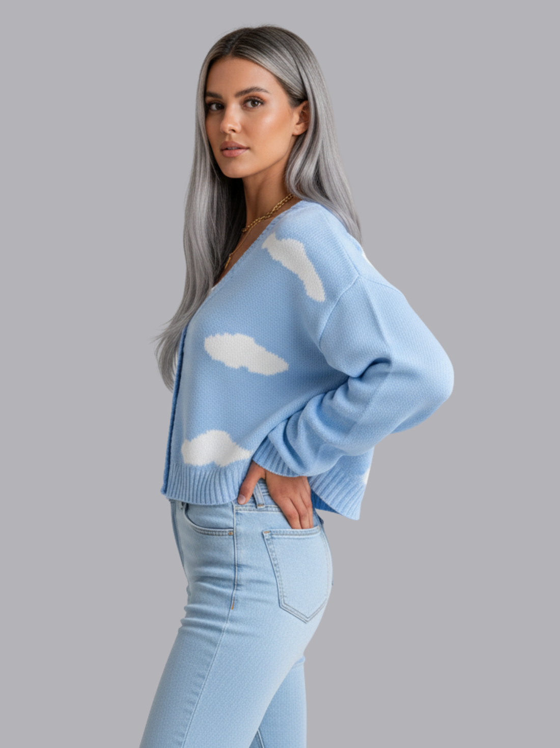 Cropped Cloud Pattern Knit Sweater
