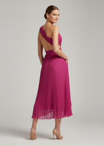 Pleated One-Shoulder Midi Dress
