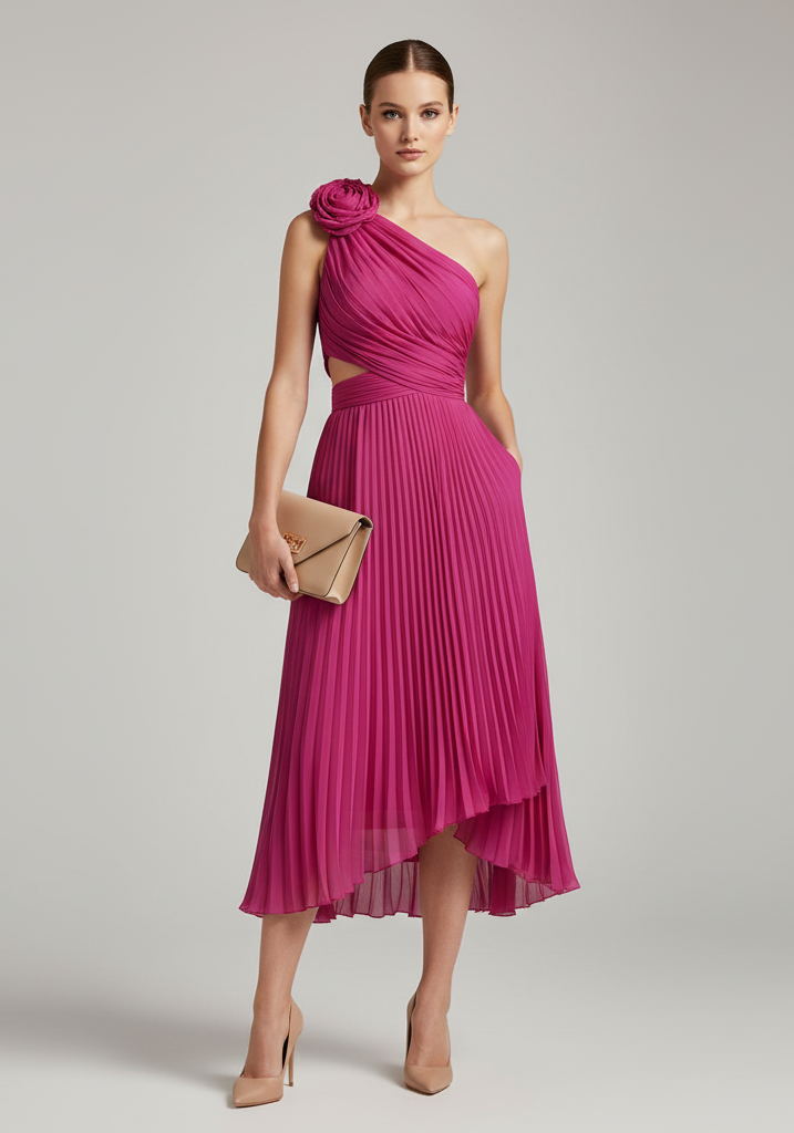 Pleated One-Shoulder Midi Dress