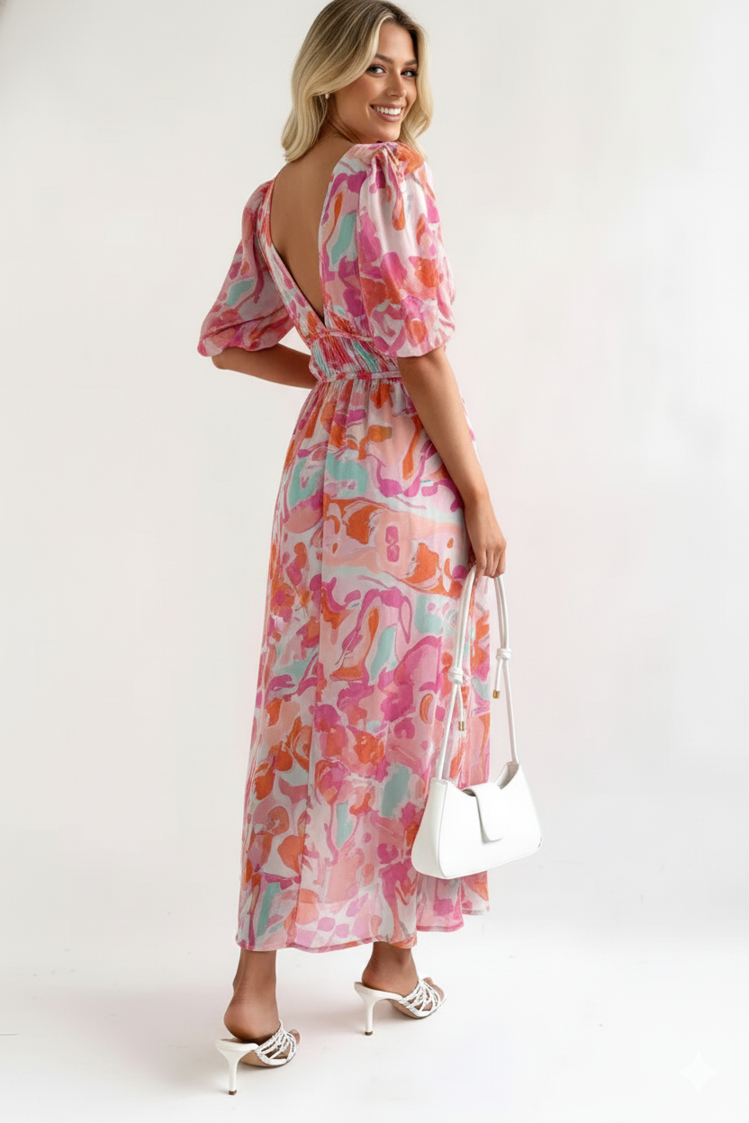 Pink and Orange Puff Sleeve Maxi Dress