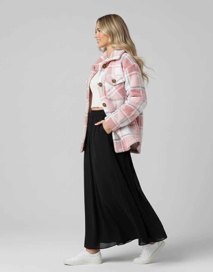 Plaid Fleece Button-Up Coat