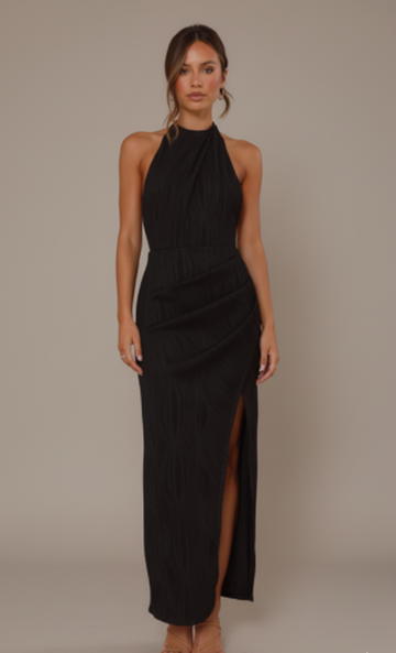 Pleated Halter Wrap Midi Dress