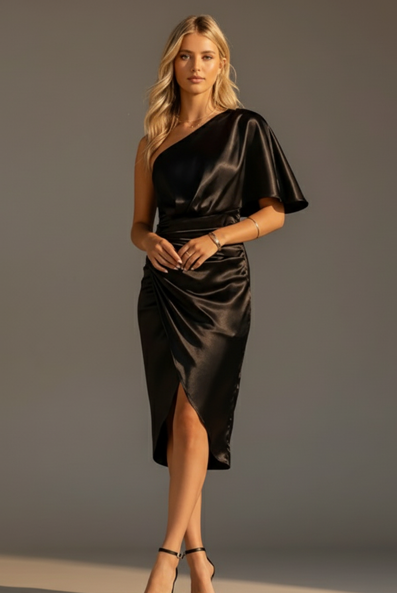 One-Shoulder Draped Satin Midi