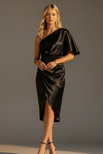 One-Shoulder Draped Satin Midi