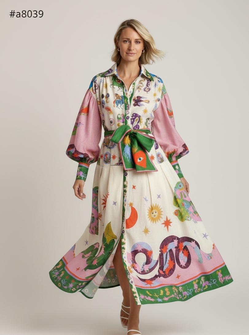 Printed Collar Belted Maxi Dress