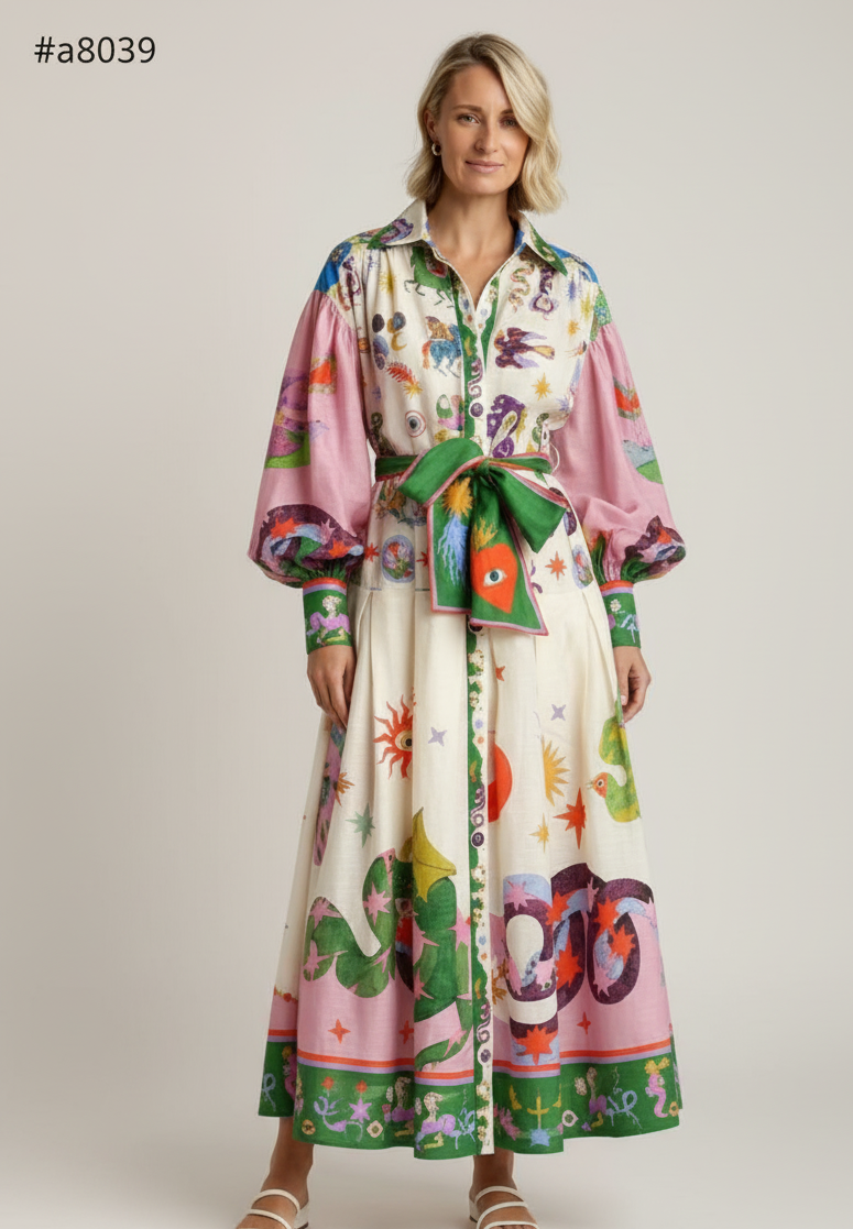 Printed Collar Belted Maxi Dress