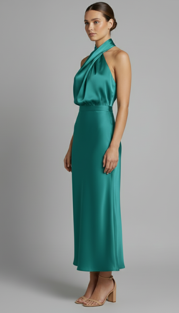 Draped Halter Satin Midi Dress