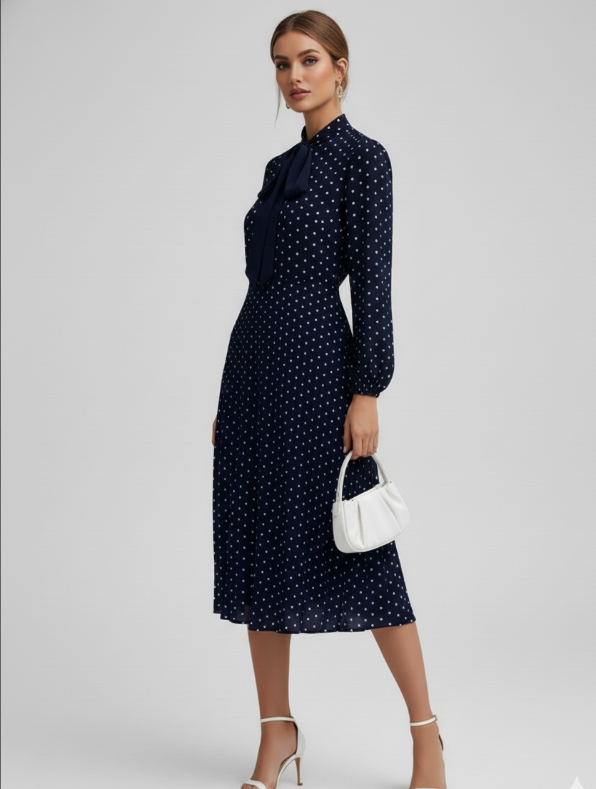 Polka Dot Tie-Neck Midi Dress