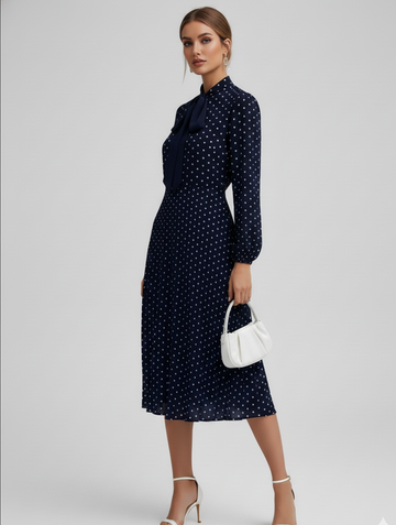Polka Dot Tie-Neck Midi Dress