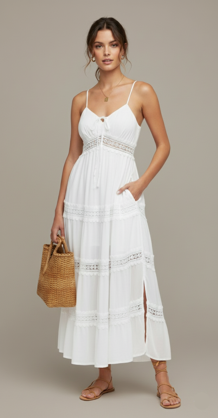 Tiered Lace Strap Midi Dress