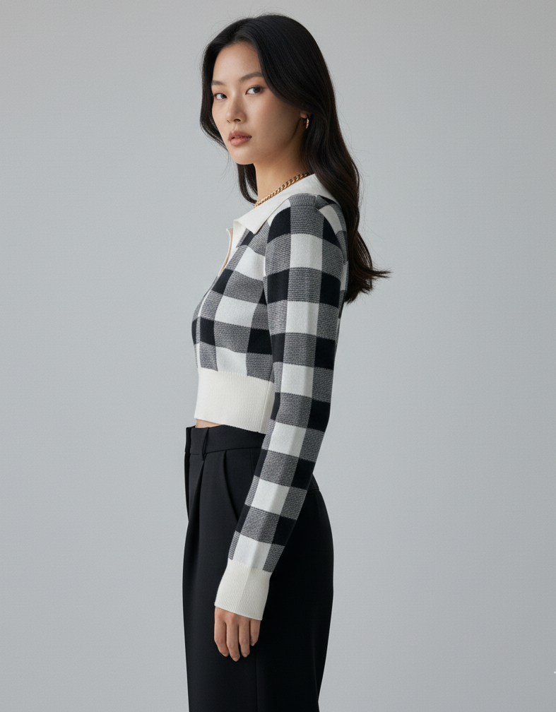 Cropped Plaid Pattern Knit Pullover
