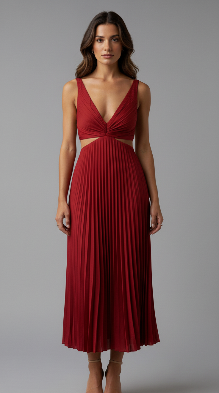 Pleated Cutout Midi Dress