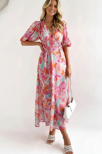 Pink and Orange Puff Sleeve Maxi Dress