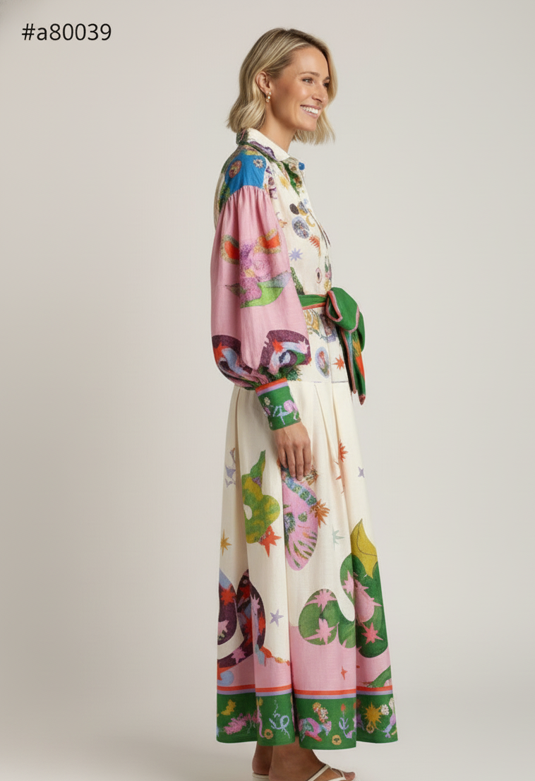 Printed Collar Belted Maxi Dress