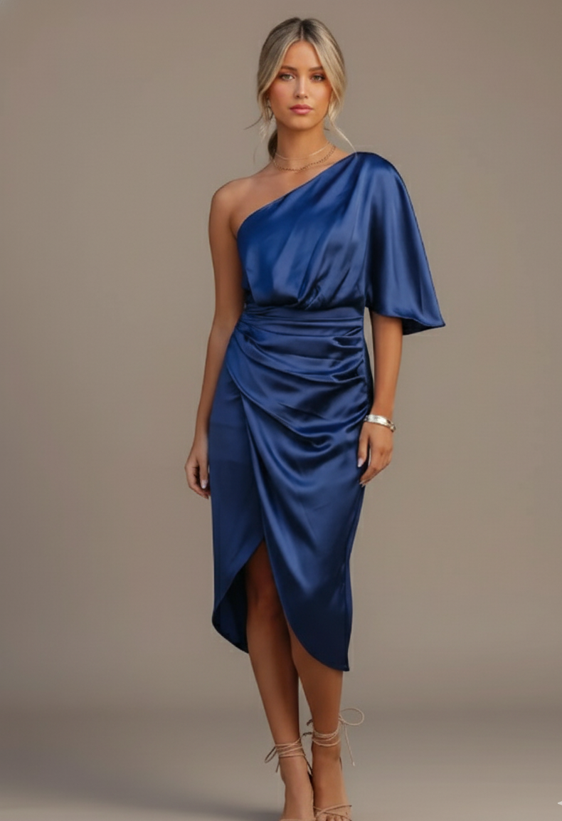 One-Shoulder Draped Satin Midi