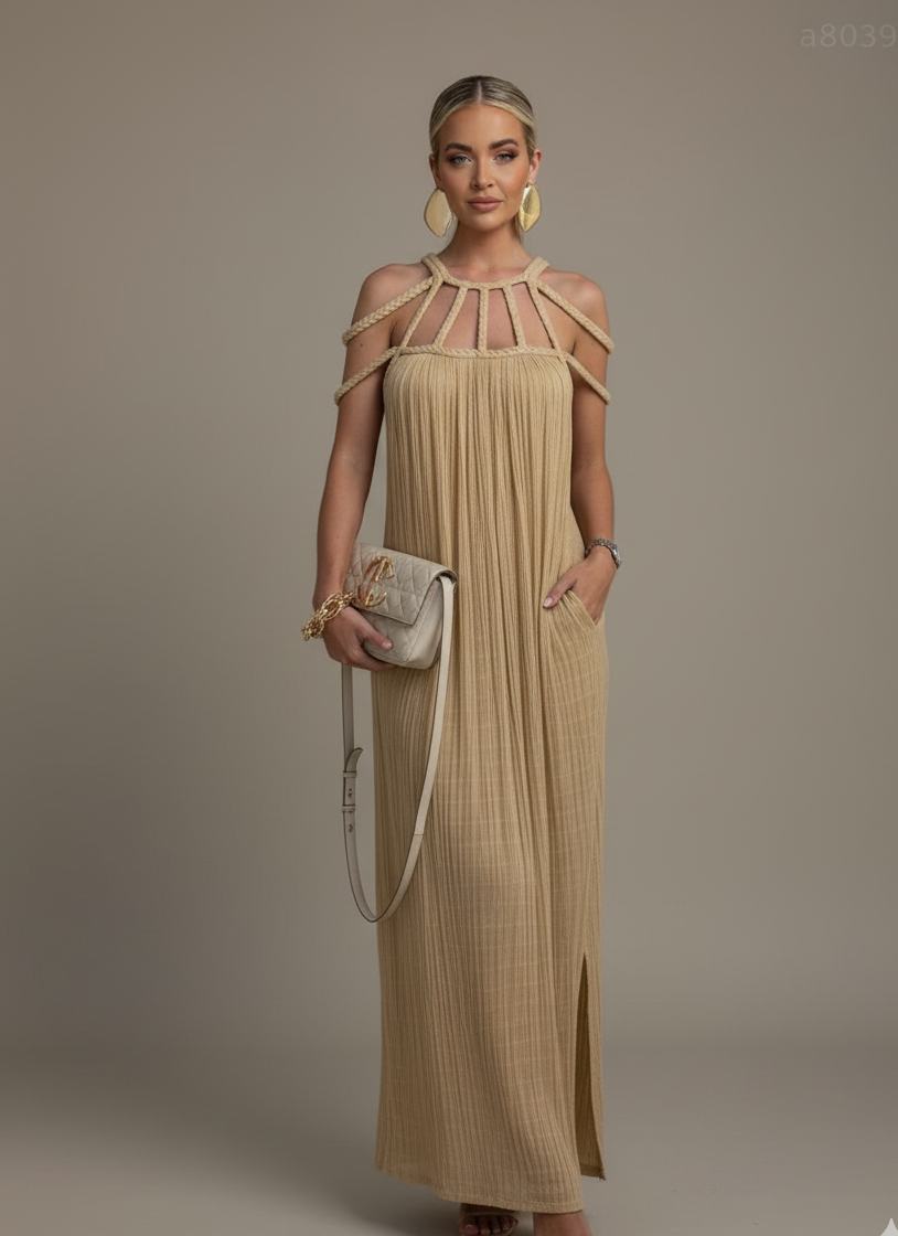 Pleated Rope Strap Maxi Dress