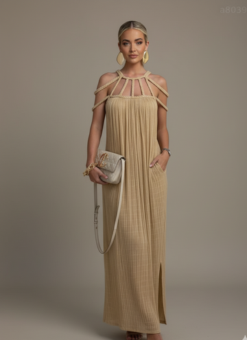 Pleated Rope Strap Maxi Dress