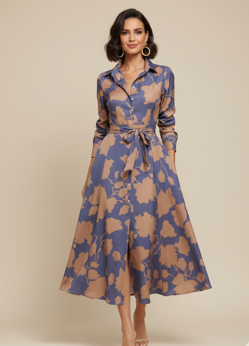 Pleated Shirt Collar Midi Dress