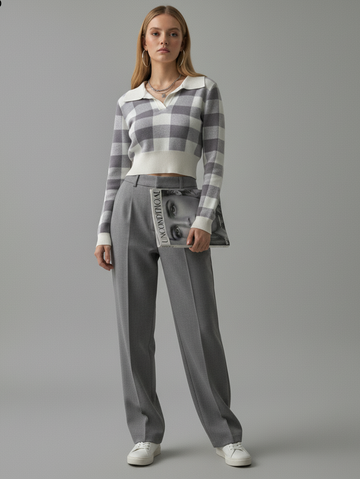 Cropped Plaid Pattern Knit Pullover